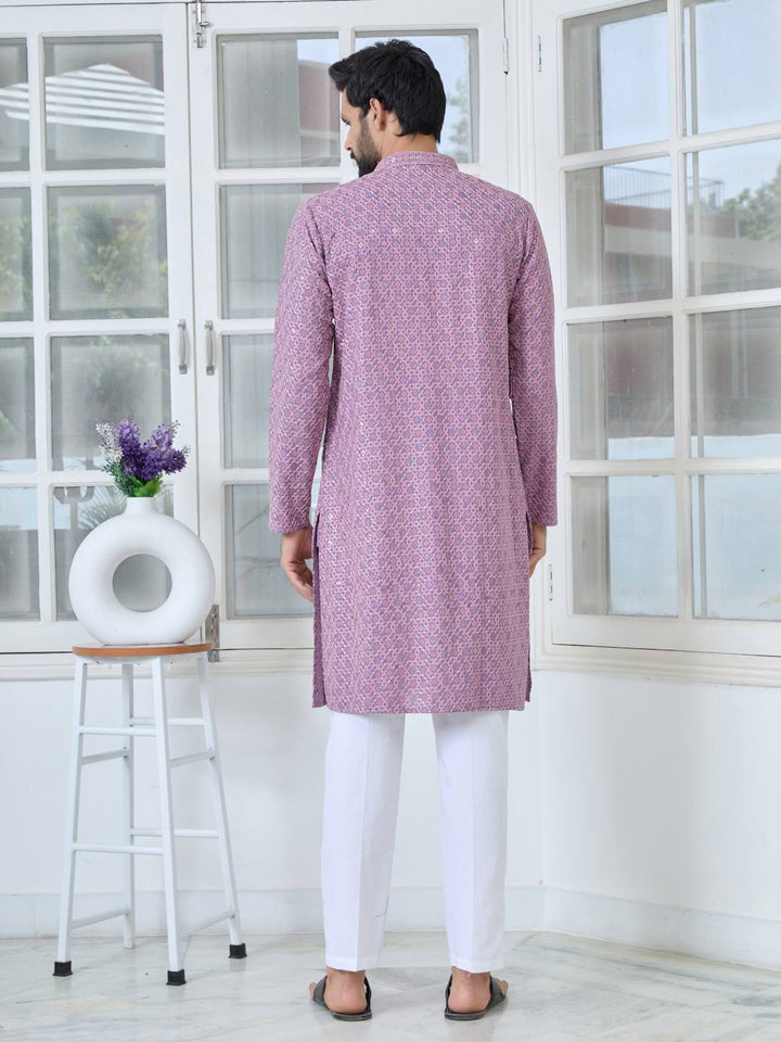 Men Purple-Pink Embroidered Straight Kurta with Pyjama with Pyjama
