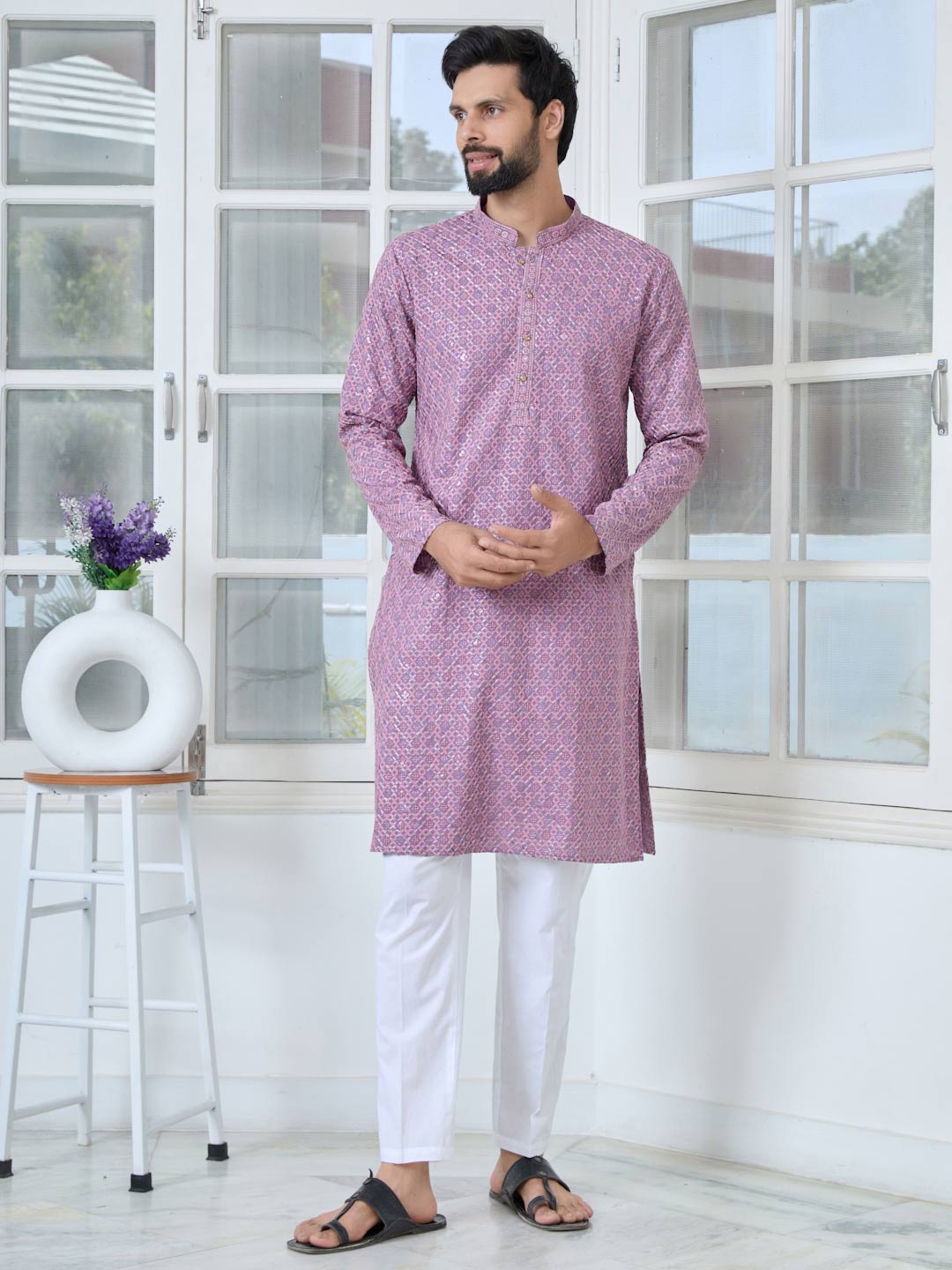 Men Purple-Pink Embroidered Straight Kurta with Pyjama with Pyjama