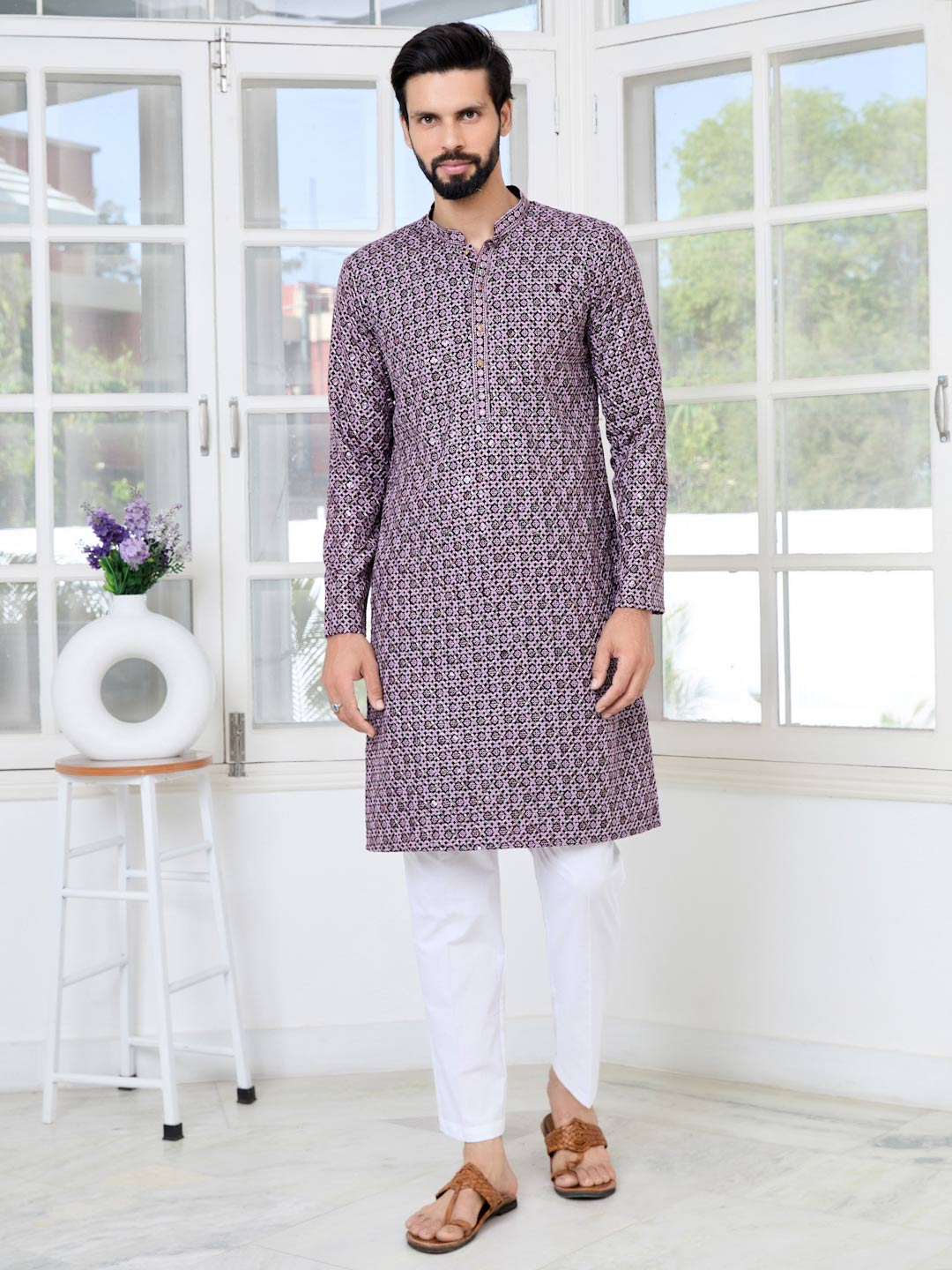 Men Purple Embroidered Straight Kurta with Pyjama with Pyjama