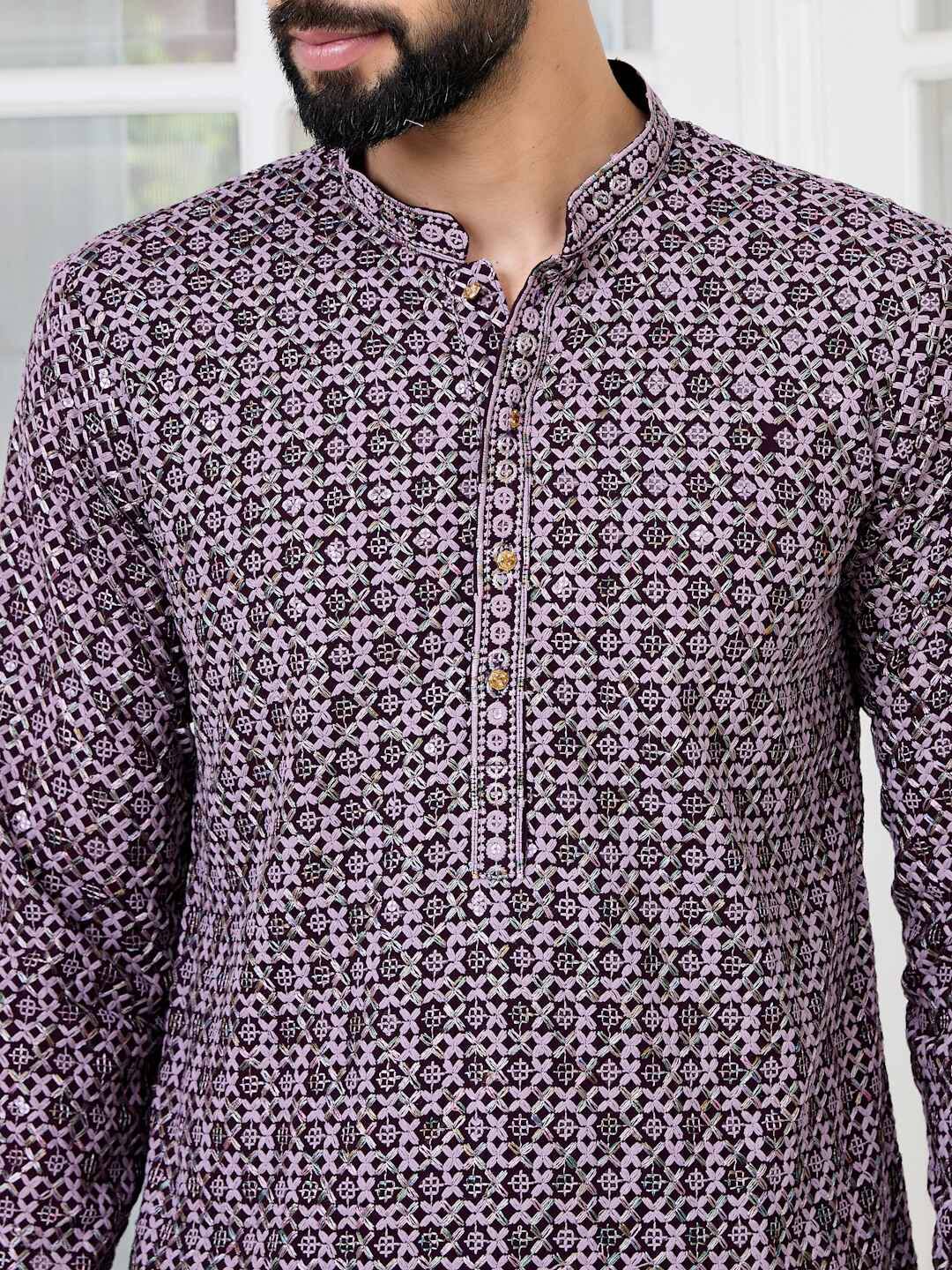 Men Purple Embroidered Straight Kurta with Pyjama with Pyjama