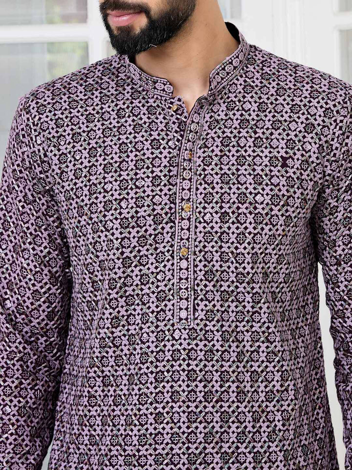Men Purple Embroidered Straight Kurta with Pyjama with Pyjama