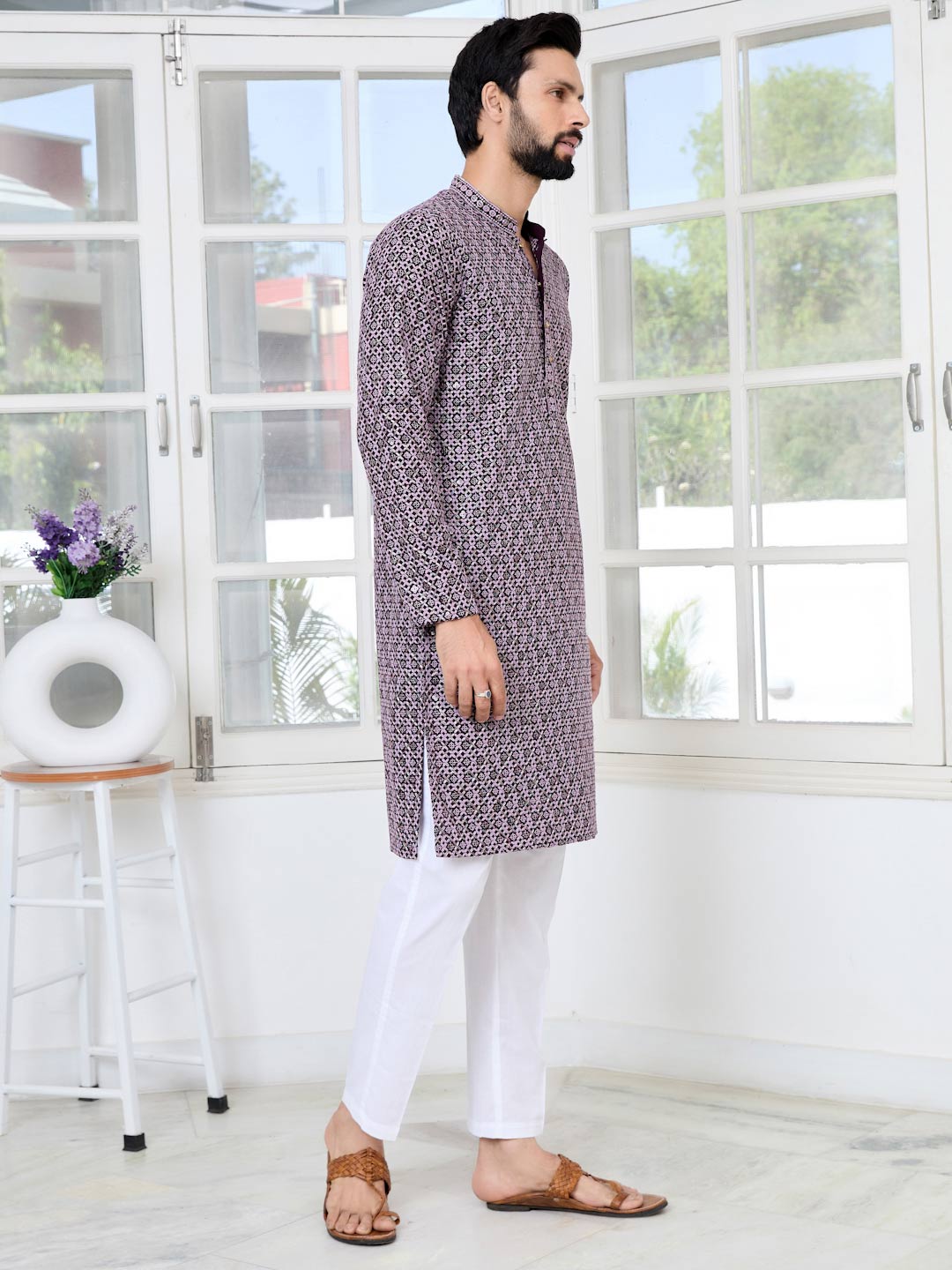 Men Purple Embroidered Straight Kurta with Pyjama with Pyjama