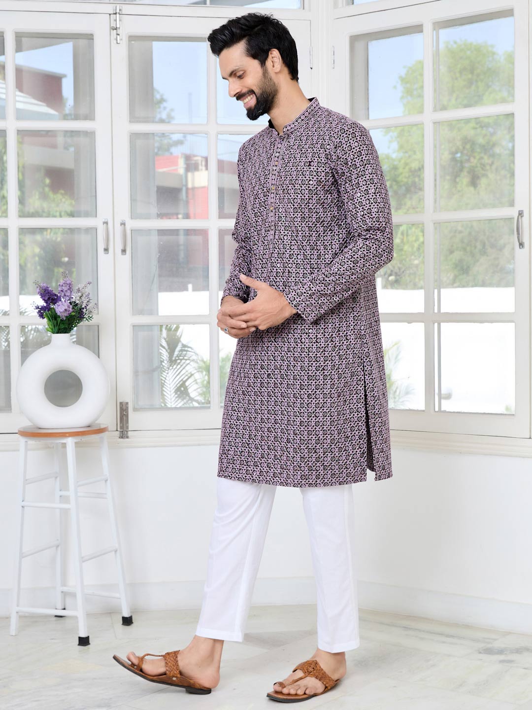 Men Purple Embroidered Straight Kurta with Pyjama with Pyjama