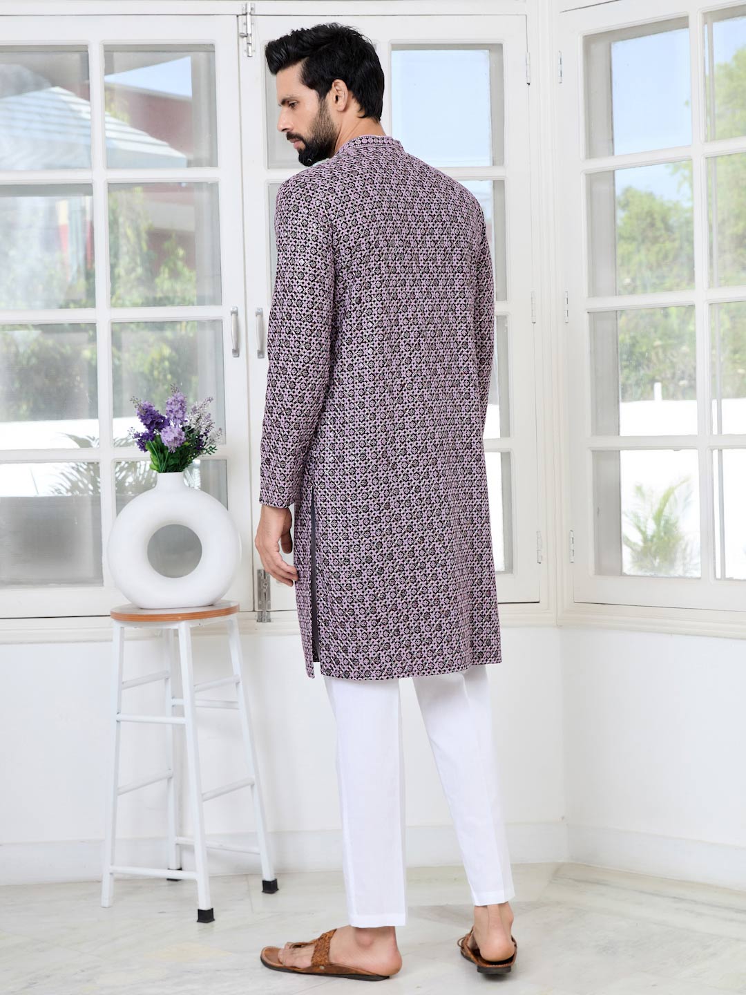 Men Purple Embroidered Straight Kurta with Pyjama with Pyjama