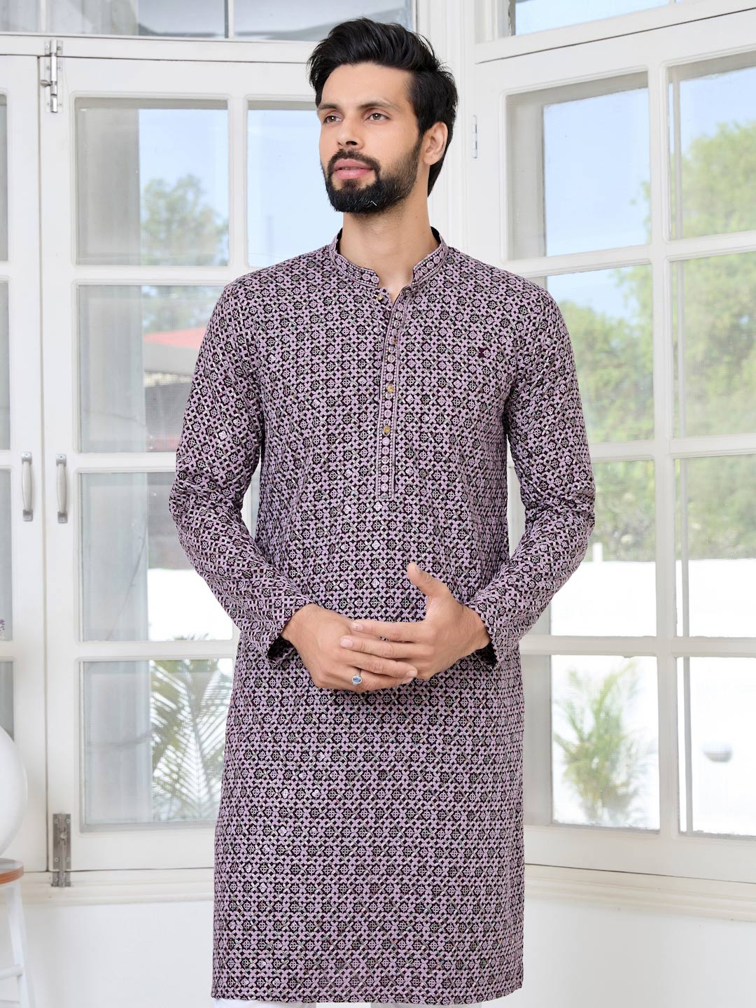 Men Purple Embroidered Straight Kurta with Pyjama with Pyjama