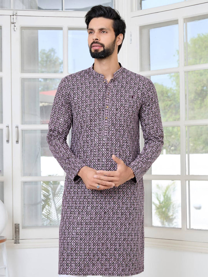 Men Purple Embroidered Straight Kurta with Pyjama with Pyjama