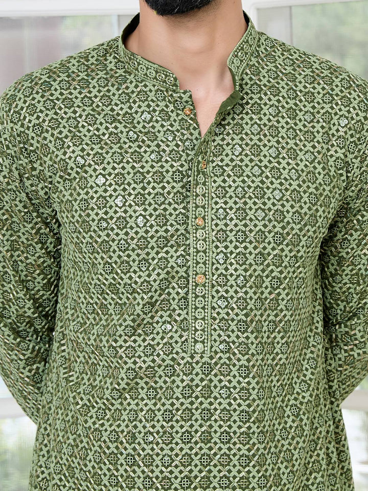 Men Dark Green Embroidered Straight Kurta with Pyjama with Pyjama