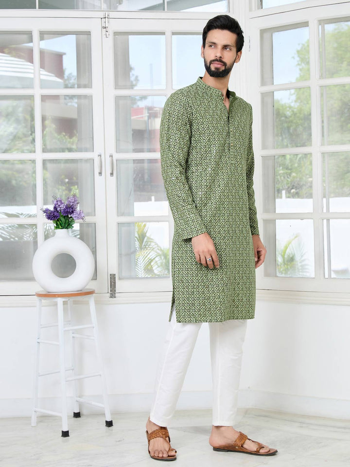 Men Dark Green Embroidered Straight Kurta with Pyjama with Pyjama