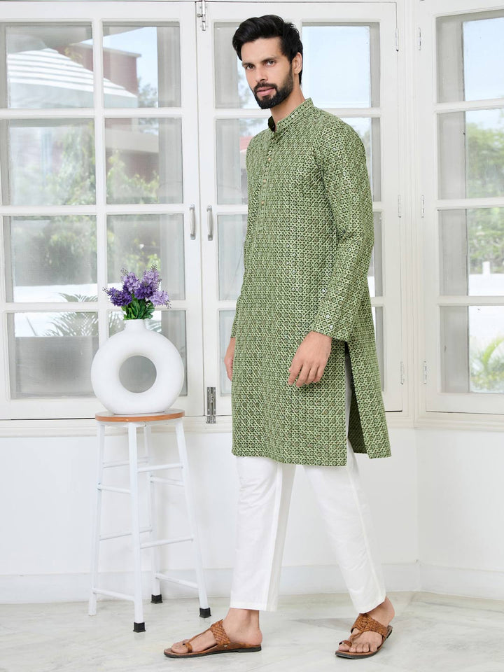 Men Dark Green Embroidered Straight Kurta with Pyjama with Pyjama