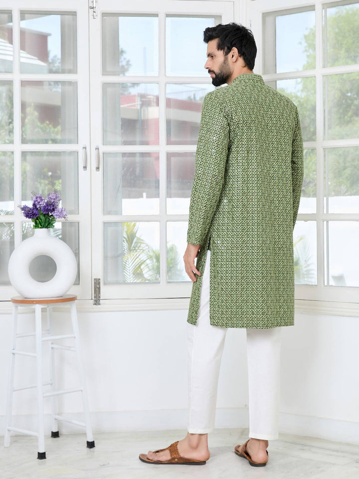 Men Dark Green Embroidered Straight Kurta with Pyjama with Pyjama