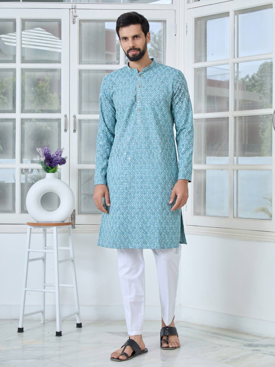 Men Light Blue Embroidered Straight Kurta with Pyjama with Pyjama