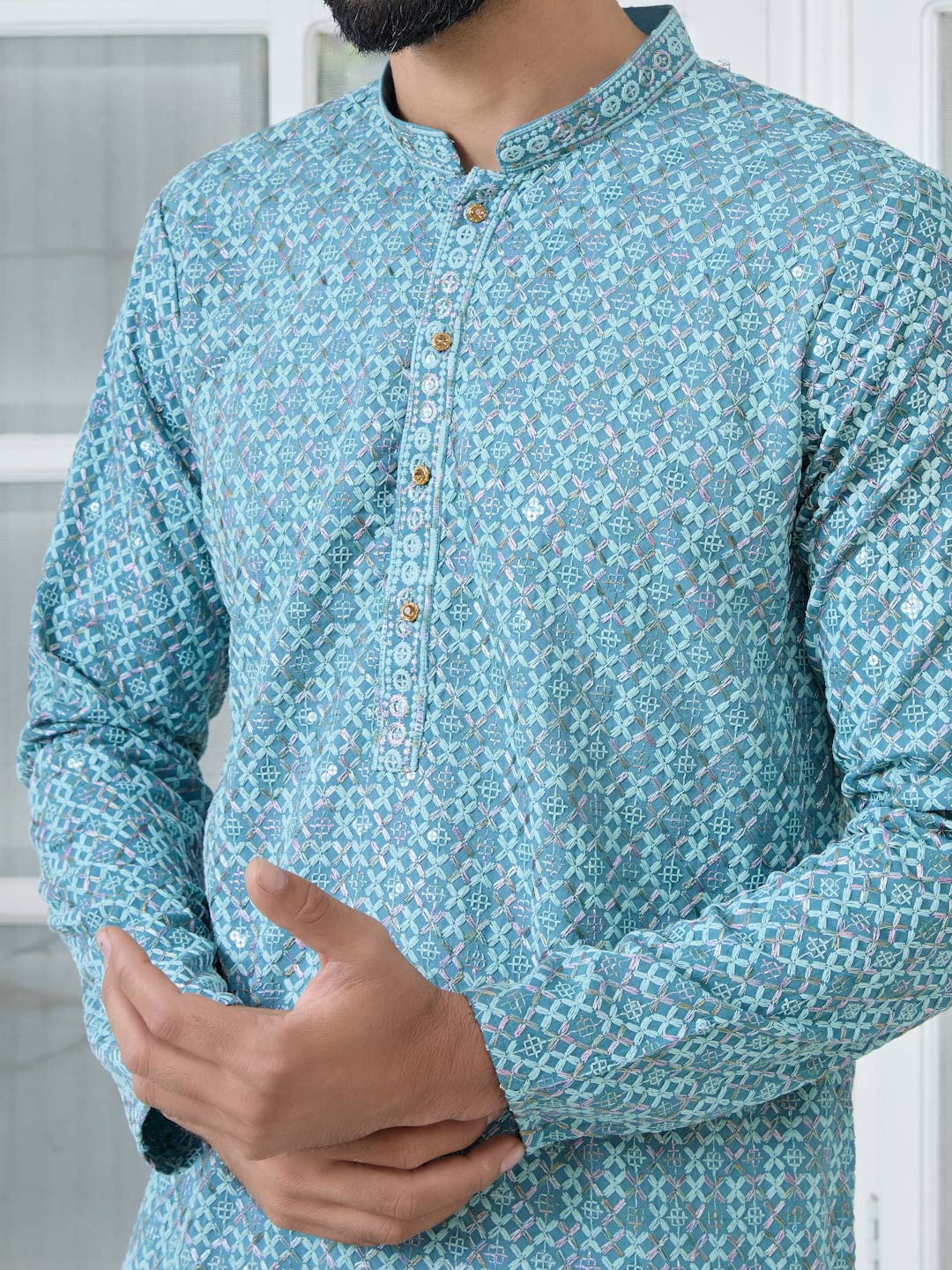 Men Light Blue Embroidered Straight Kurta with Pyjama with Pyjama