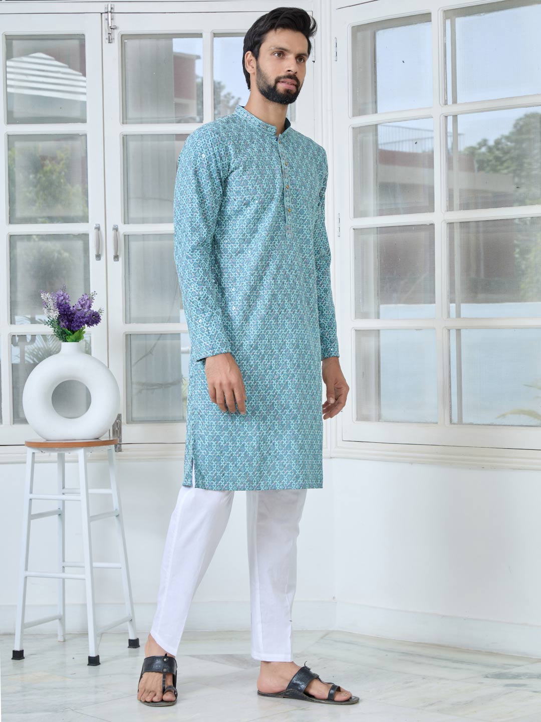 Men Light Blue Embroidered Straight Kurta with Pyjama with Pyjama