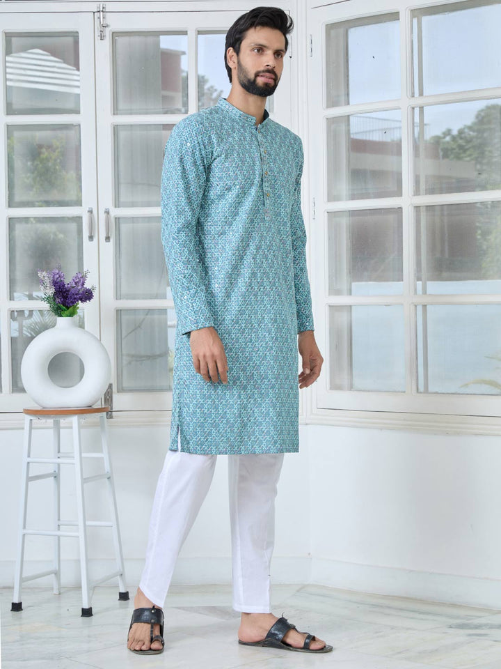 Men Light Blue Embroidered Straight Kurta with Pyjama with Pyjama