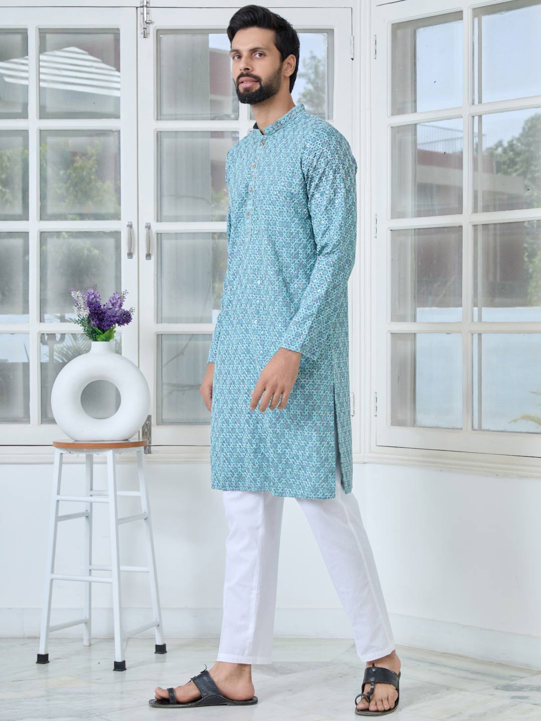 Men Light Blue Embroidered Straight Kurta with Pyjama with Pyjama