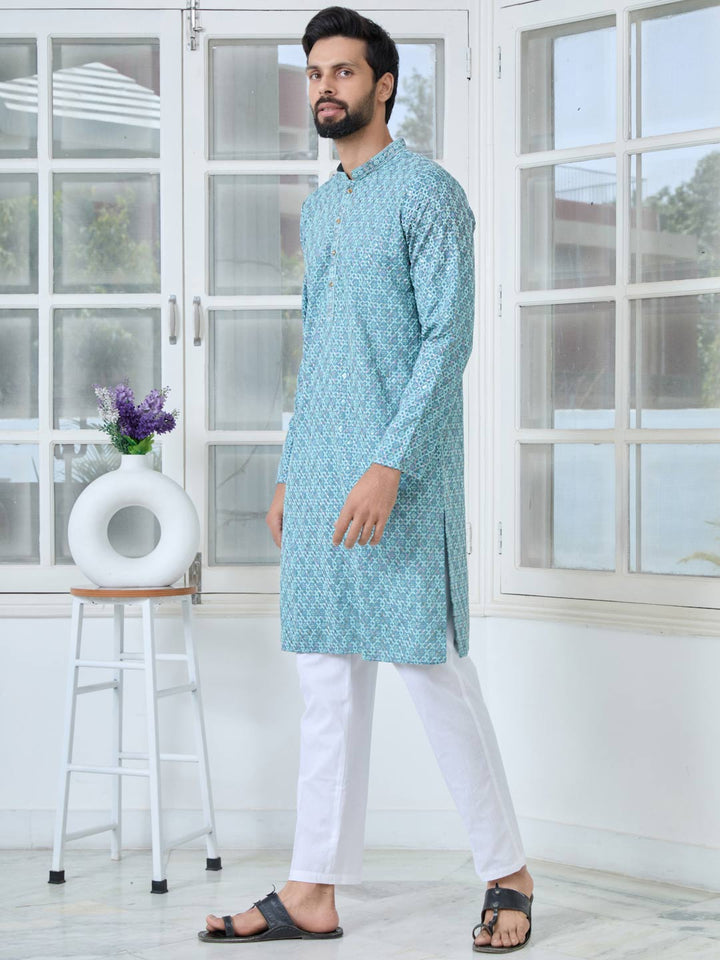 Men Light Blue Embroidered Straight Kurta with Pyjama with Pyjama