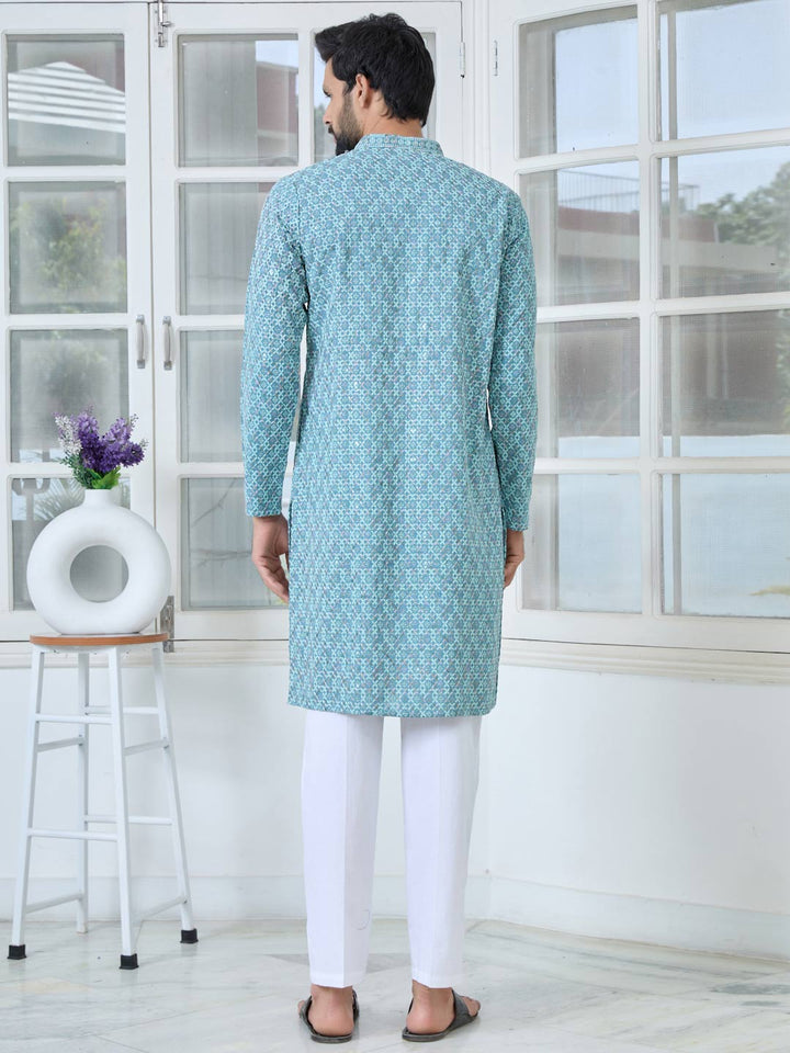 Men Light Blue Embroidered Straight Kurta with Pyjama with Pyjama