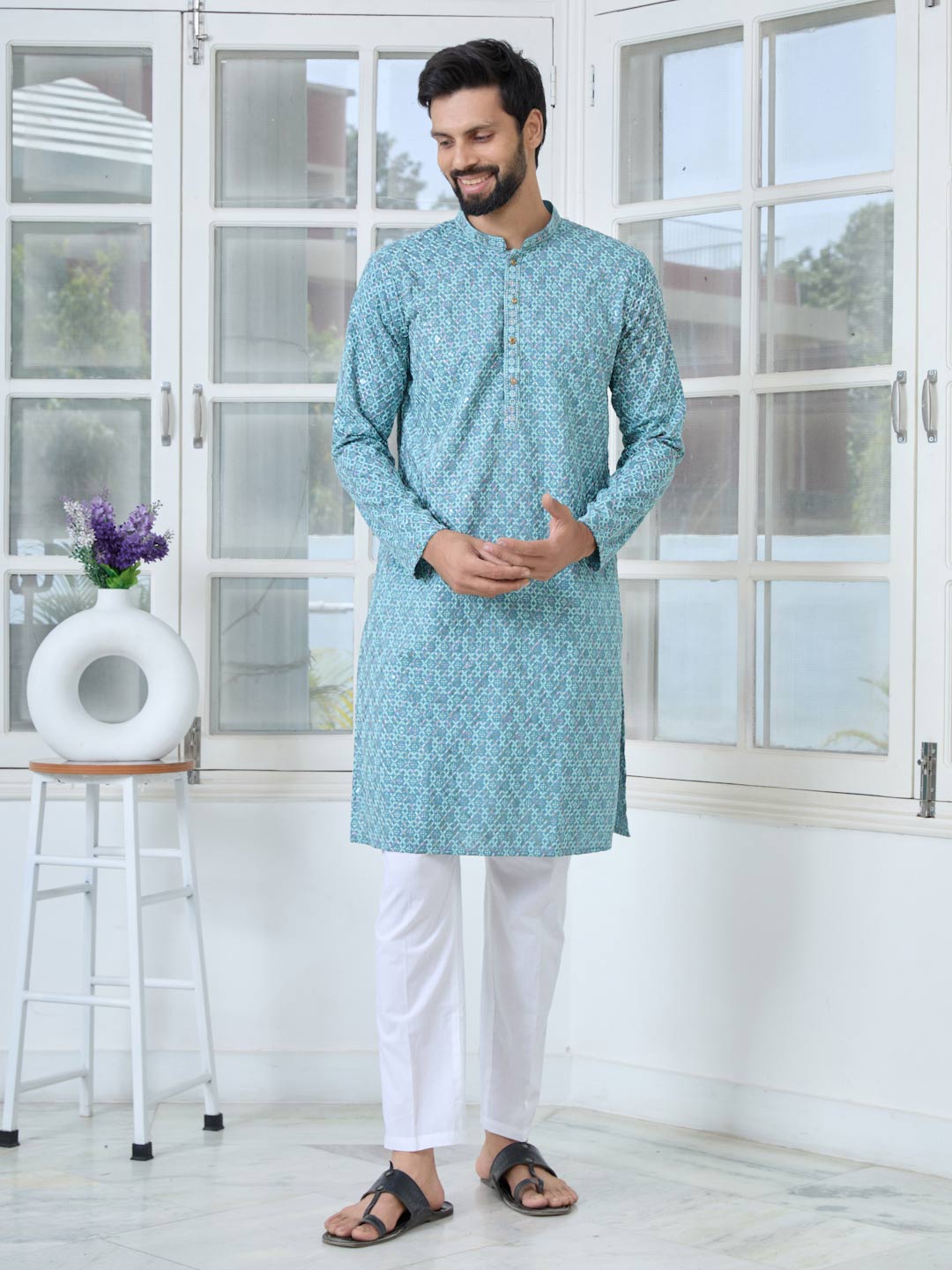 Men Light Blue Embroidered Straight Kurta with Pyjama with Pyjama