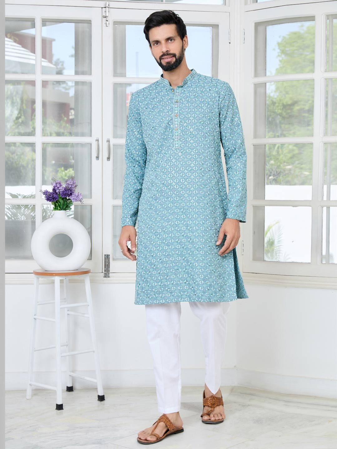 Men Blue Embroidered Mandarin Collar Straight Kurta with Pyjama with Pyjama