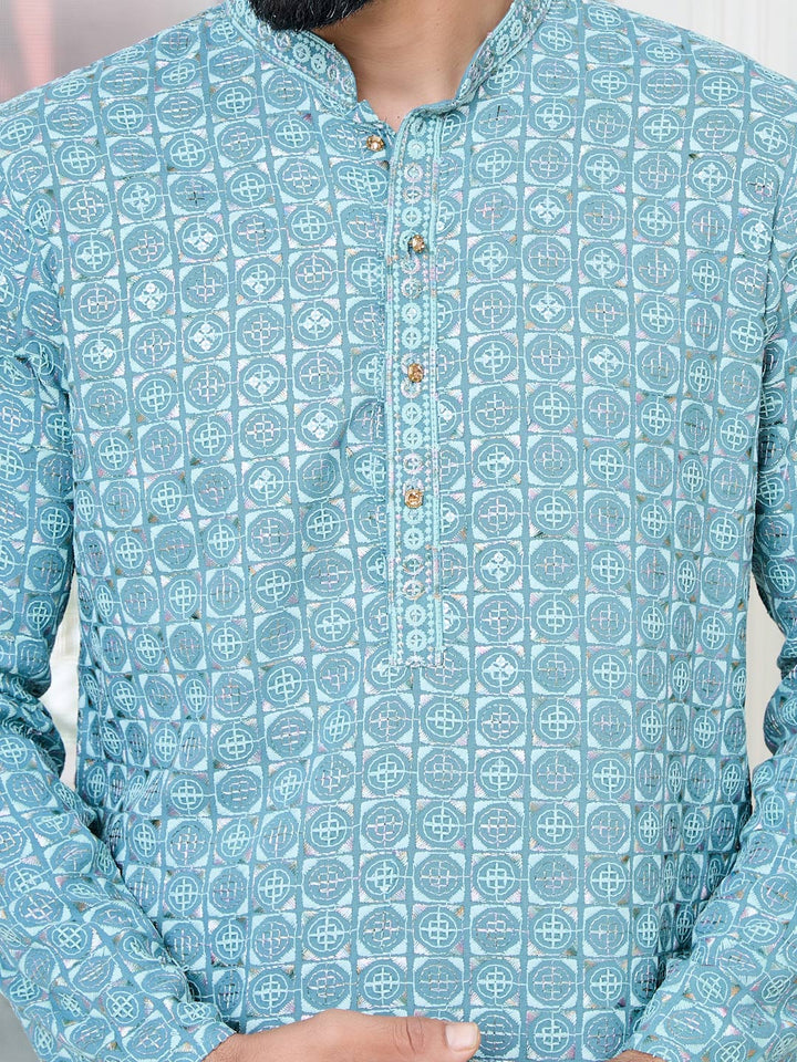 Men Blue Embroidered Mandarin Collar Straight Kurta with Pyjama with Pyjama