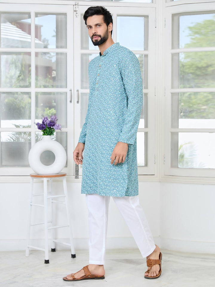 Men Blue Embroidered Mandarin Collar Straight Kurta with Pyjama with Pyjama