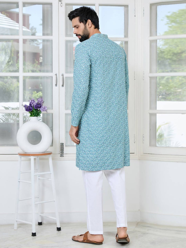 Men Blue Embroidered Mandarin Collar Straight Kurta with Pyjama with Pyjama