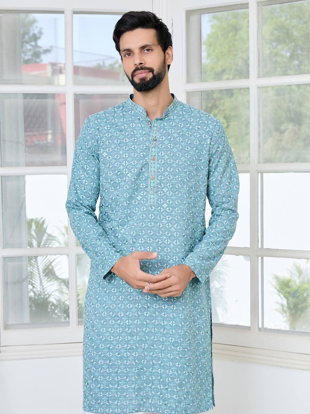 Men Blue Embroidered Mandarin Collar Straight Kurta with Pyjama with Pyjama