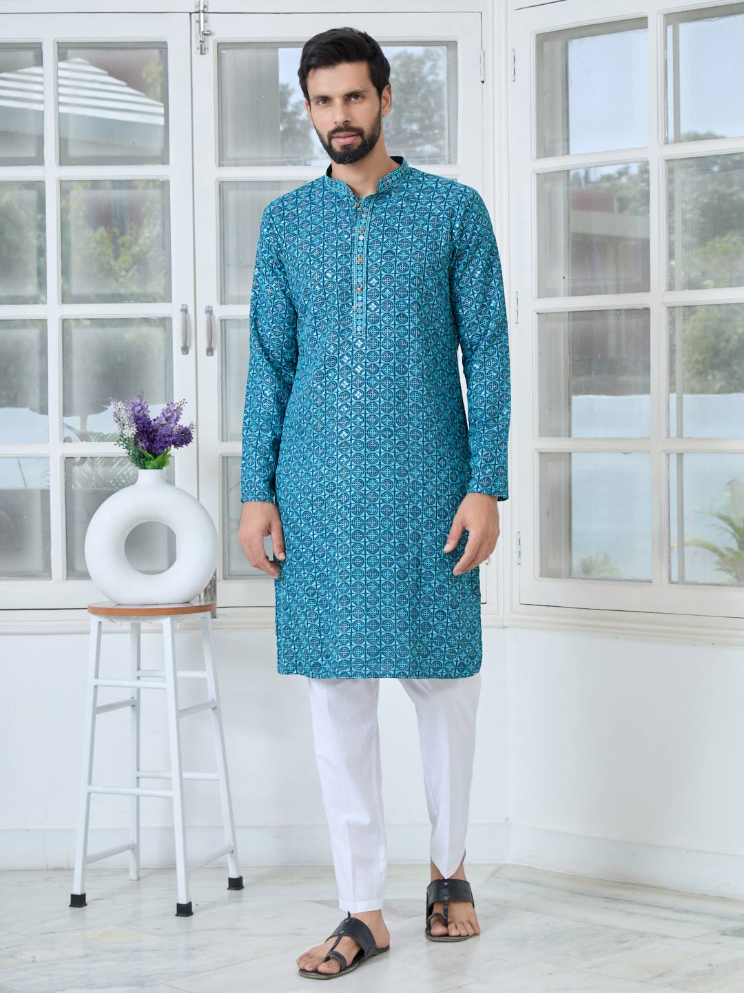 Men Dark Blue Embroidered Mandarin Collar Straight Kurta with Pyjama with Pyjama