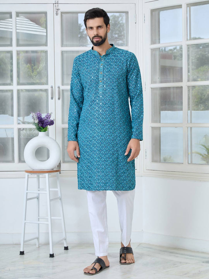 Men Dark Blue Embroidered Mandarin Collar Straight Kurta with Pyjama with Pyjama