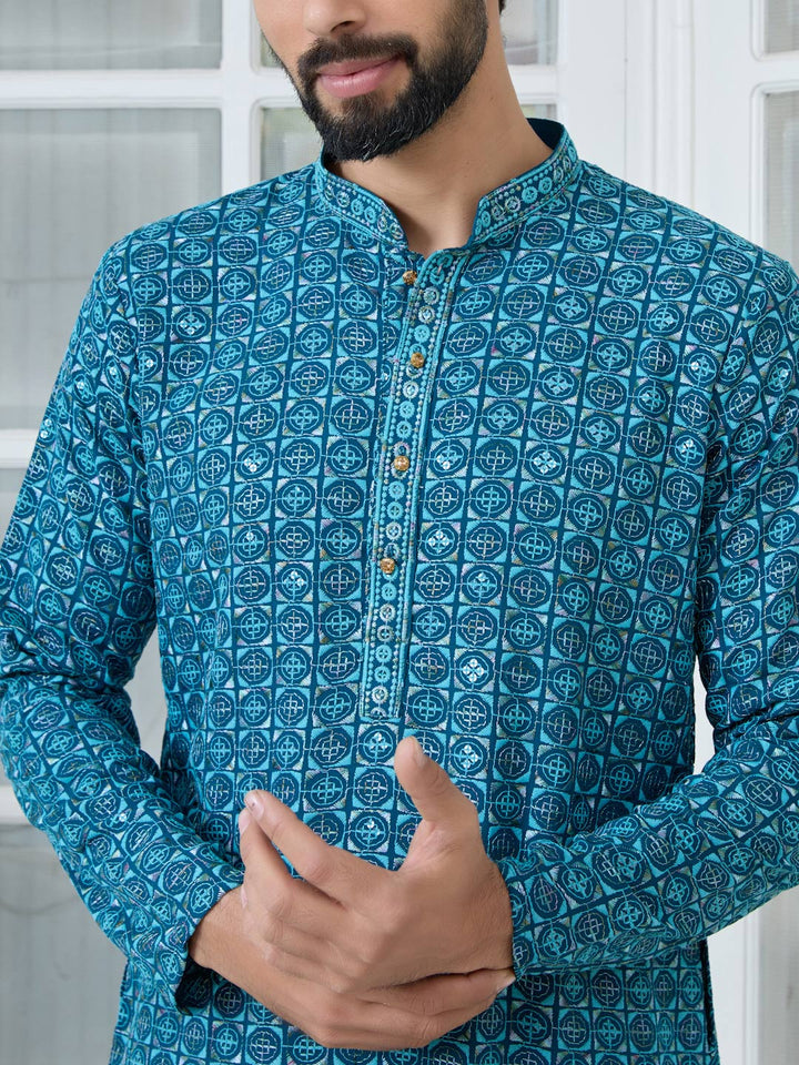 Men Dark Blue Embroidered Mandarin Collar Straight Kurta with Pyjama with Pyjama