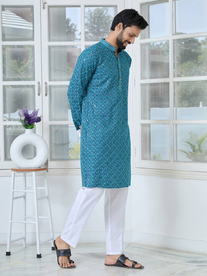 Men Dark Blue Embroidered Mandarin Collar Straight Kurta with Pyjama with Pyjama