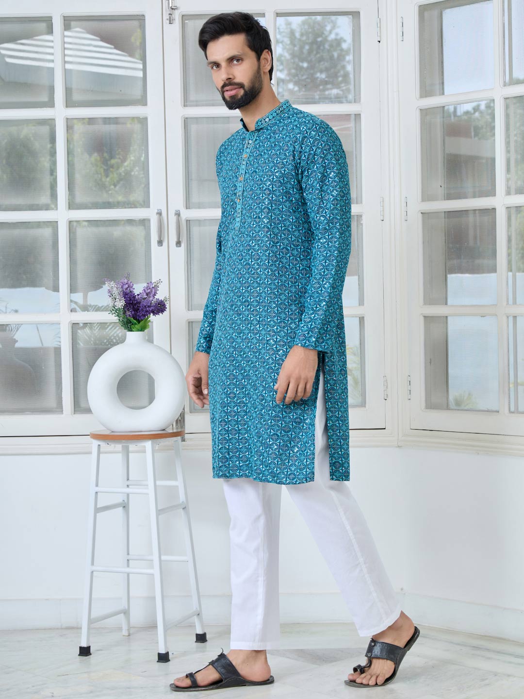 Men Dark Blue Embroidered Mandarin Collar Straight Kurta with Pyjama with Pyjama