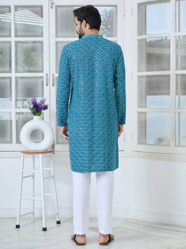 Men Dark Blue Embroidered Mandarin Collar Straight Kurta with Pyjama with Pyjama