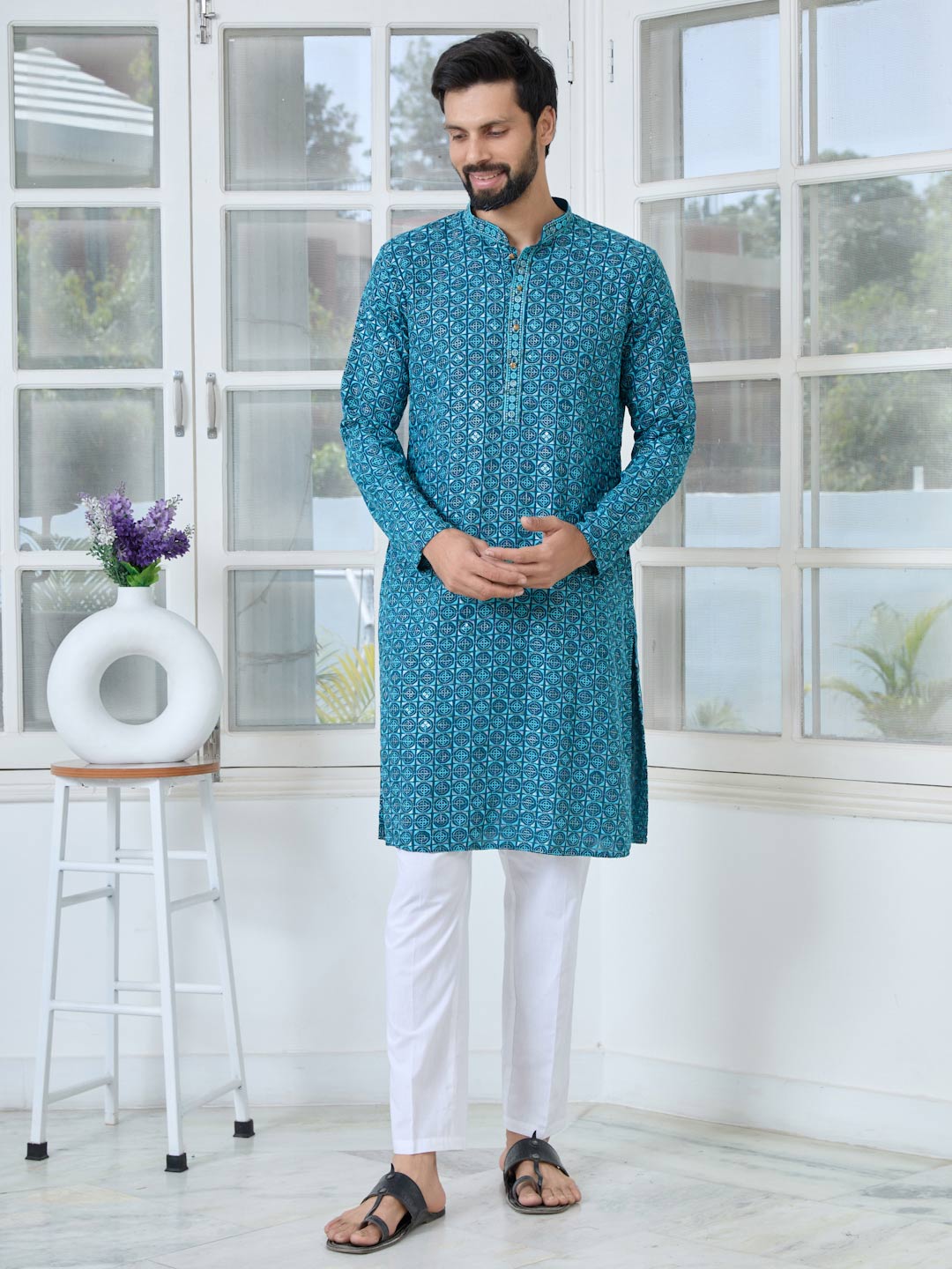 Men Dark Blue Embroidered Mandarin Collar Straight Kurta with Pyjama with Pyjama