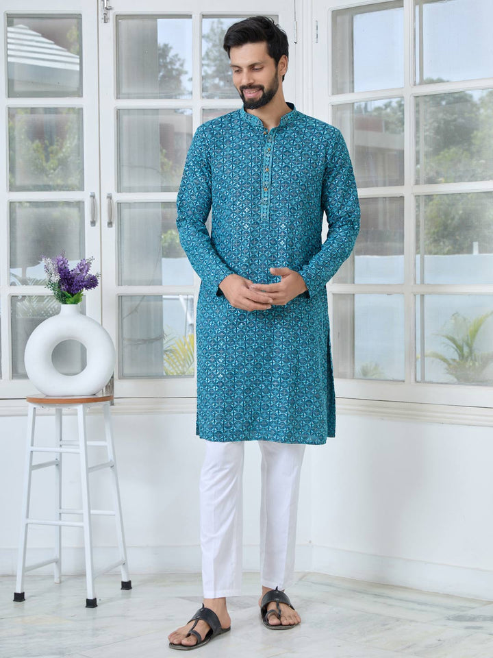 Men Dark Blue Embroidered Mandarin Collar Straight Kurta with Pyjama with Pyjama