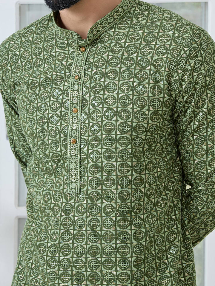 Men Green Embroidered Mandarin Collar Straight Kurta with Pyjama with Pyjama