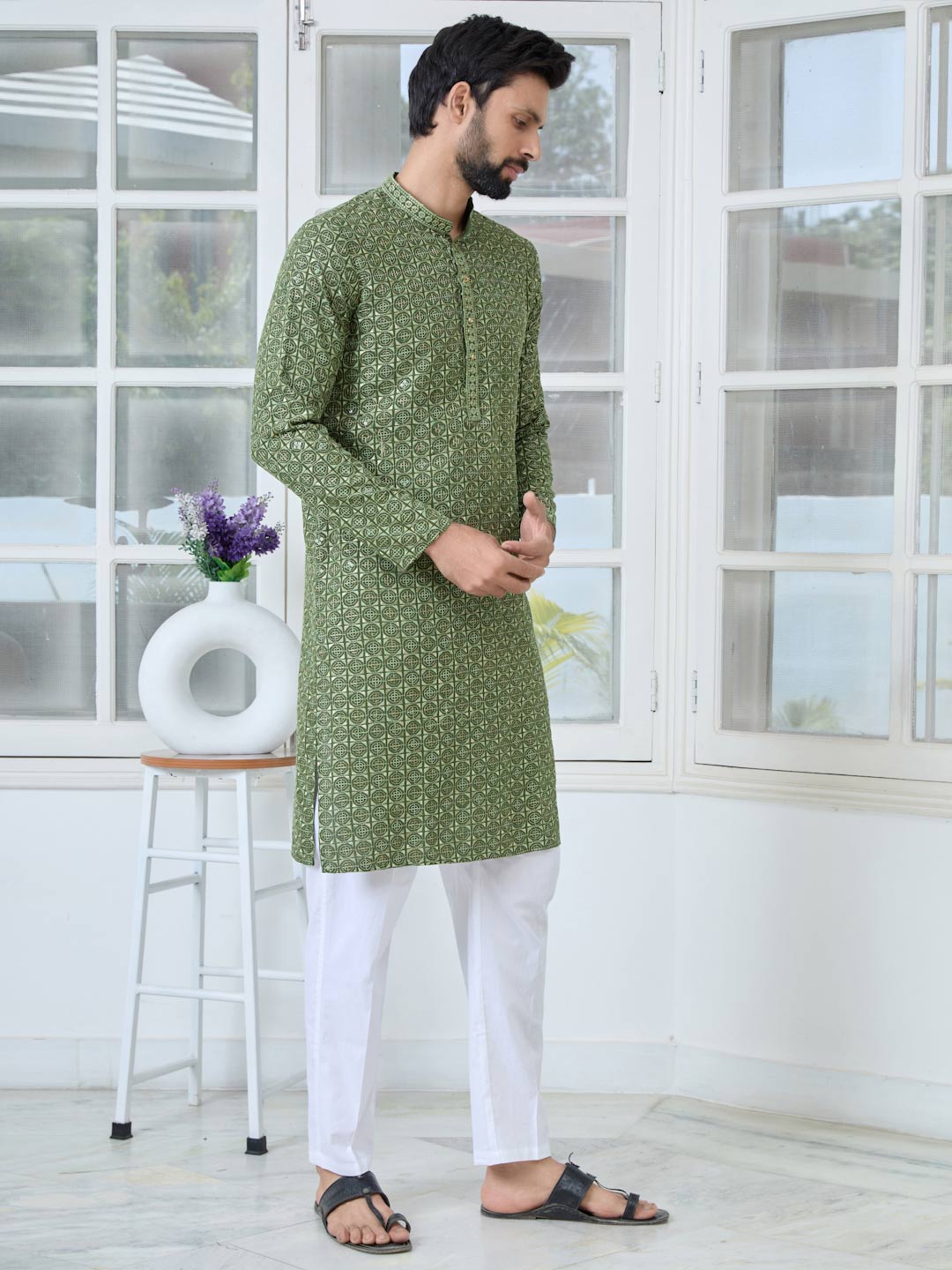 Men Green Embroidered Mandarin Collar Straight Kurta with Pyjama with Pyjama