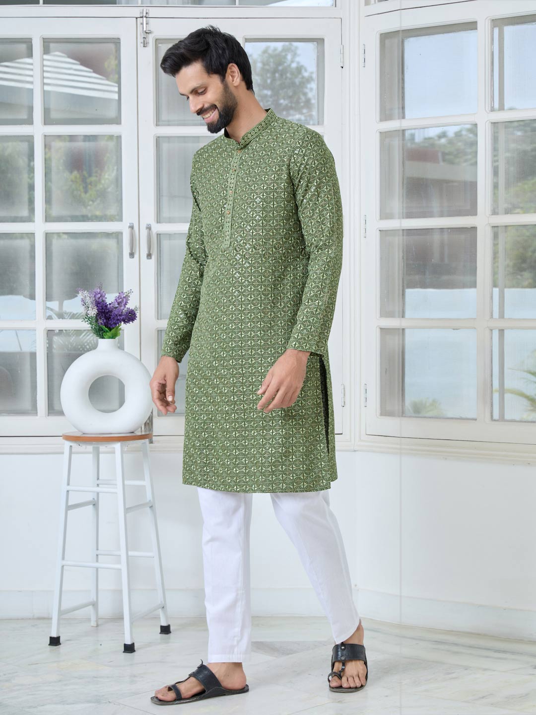 Men Green Embroidered Mandarin Collar Straight Kurta with Pyjama with Pyjama