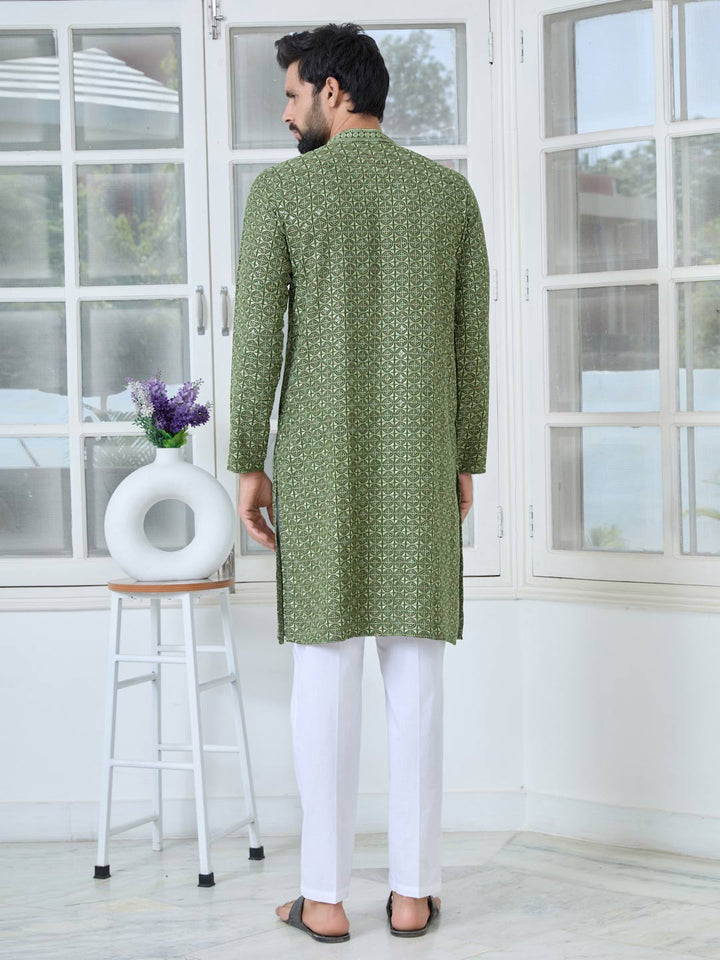 Men Green Embroidered Mandarin Collar Straight Kurta with Pyjama with Pyjama