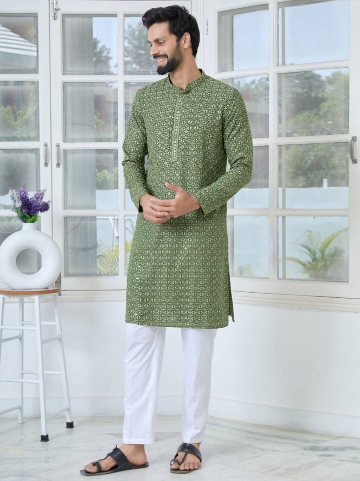 Men Green Embroidered Mandarin Collar Straight Kurta with Pyjama with Pyjama