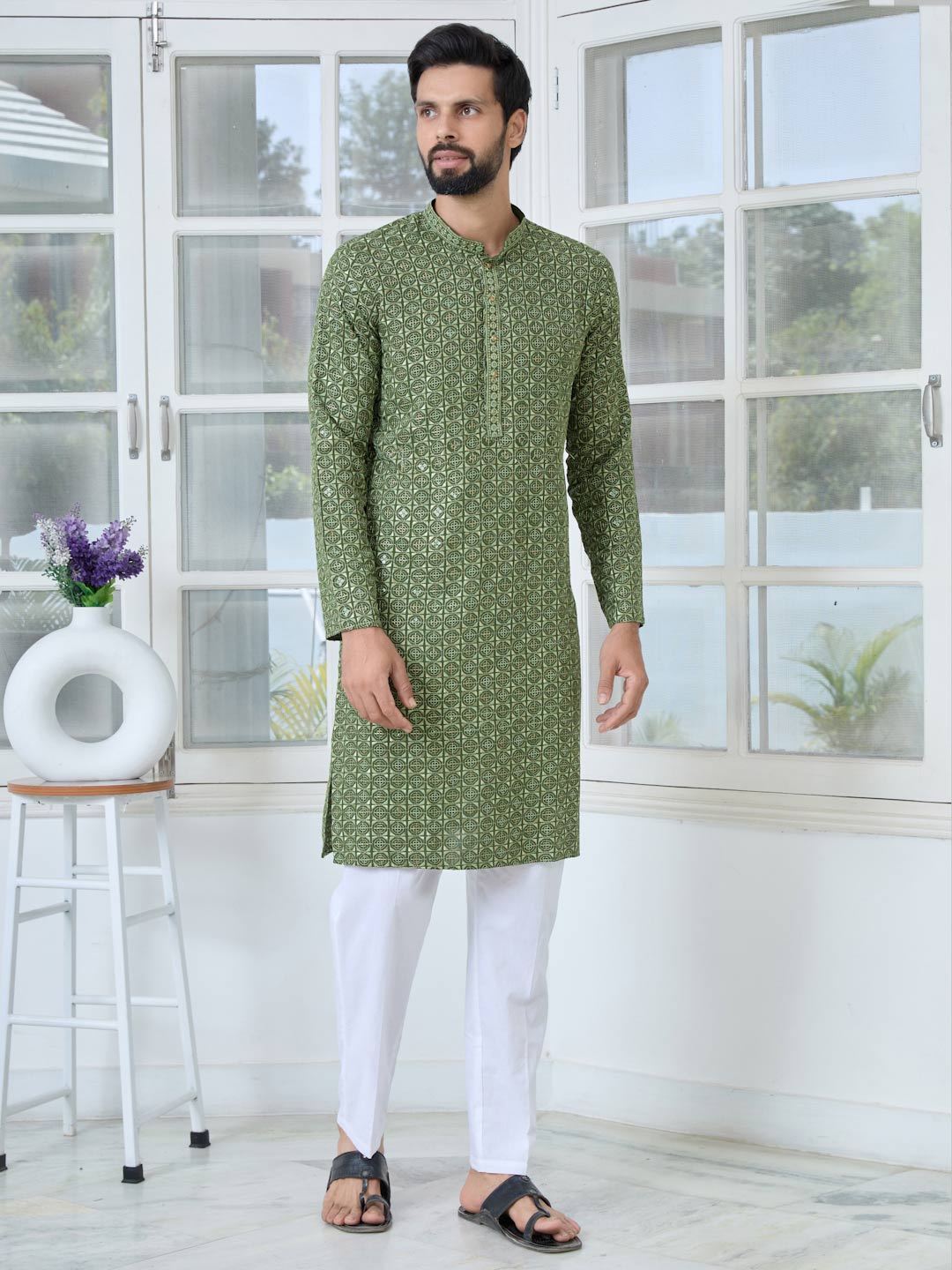 Men Green Embroidered Mandarin Collar Straight Kurta with Pyjama with Pyjama