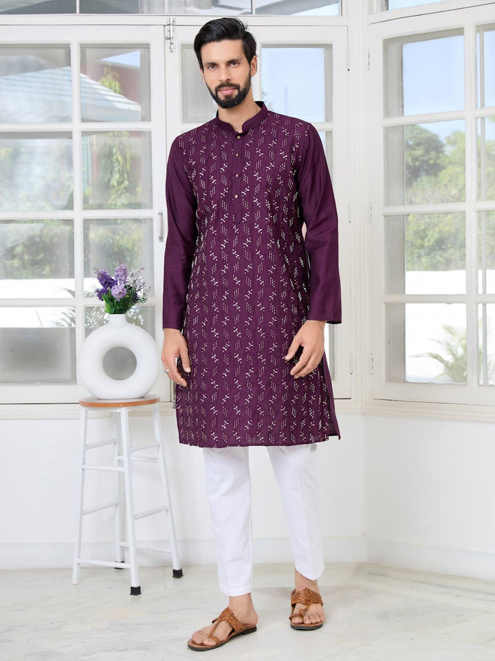 Purple Ethnic Motifs Embroidered Sequinned Mandarin Collar Straight Kurta with Pyjama with Pyjama