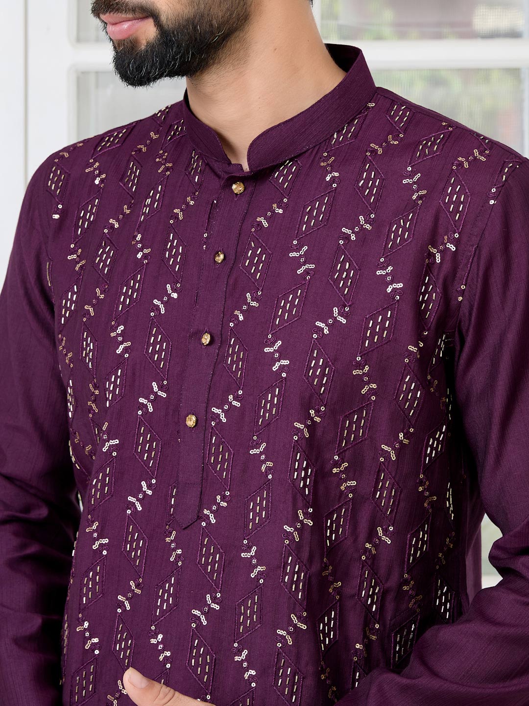 Purple Ethnic Motifs Embroidered Sequinned Mandarin Collar Straight Kurta with Pyjama with Pyjama