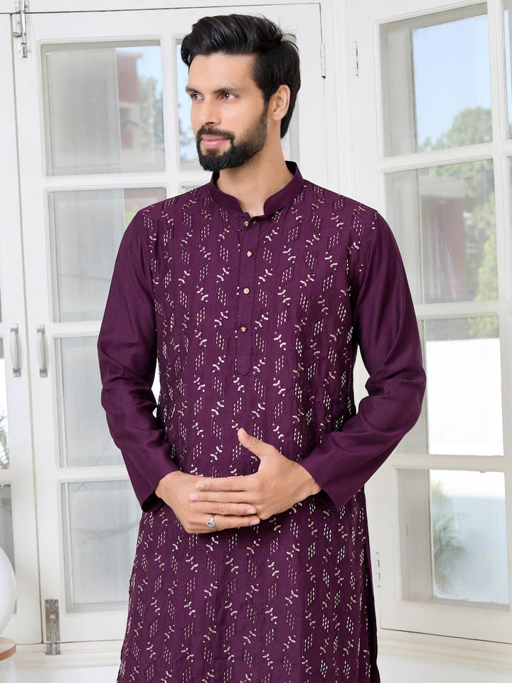 Purple Ethnic Motifs Embroidered Sequinned Mandarin Collar Straight Kurta with Pyjama with Pyjama