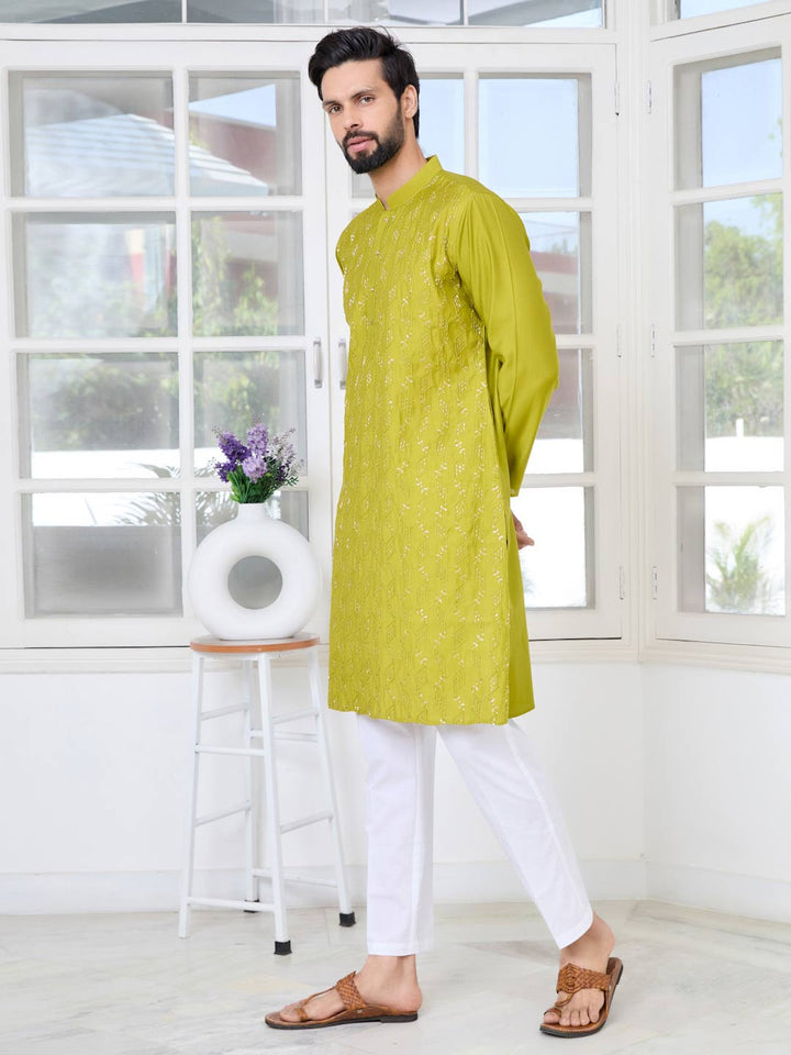 Green Ethnic Motifs Embroidered Sequinned Mandarin Collar Straight Kurta with Pyjama with Pyjama