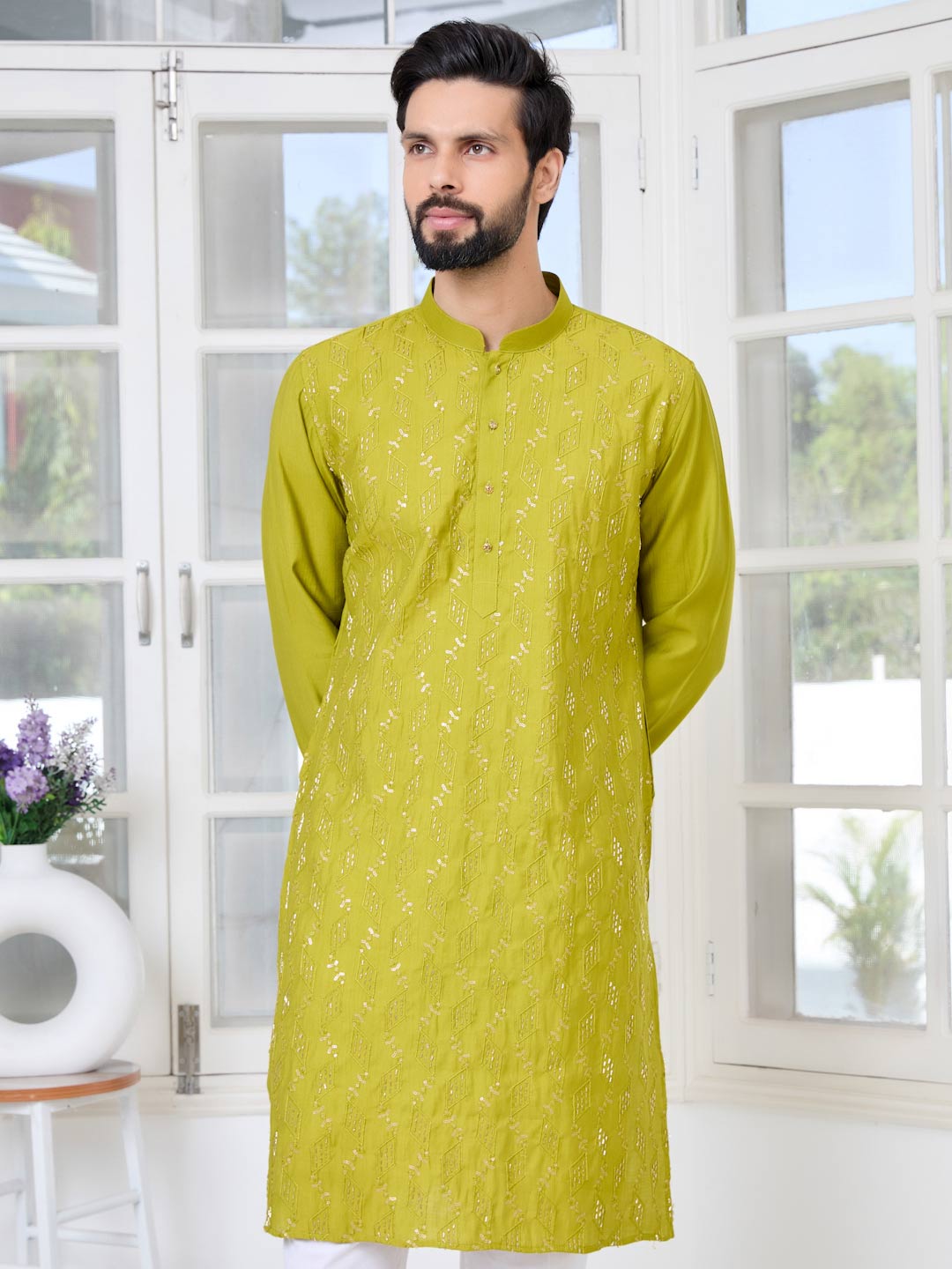 Green Ethnic Motifs Embroidered Sequinned Mandarin Collar Straight Kurta with Pyjama with Pyjama