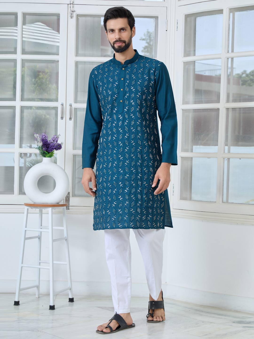 Blue Ethnic Motifs Embroidered Sequinned Mandarin Collar Straight Kurta with Pyjama with Pyjama