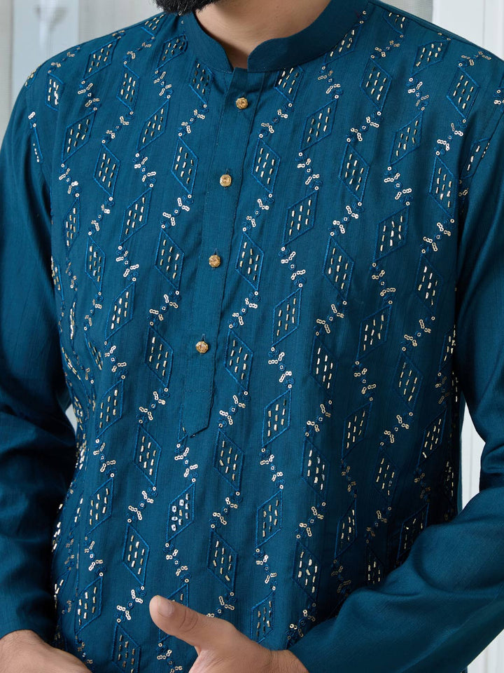 Blue Ethnic Motifs Embroidered Sequinned Mandarin Collar Straight Kurta with Pyjama with Pyjama