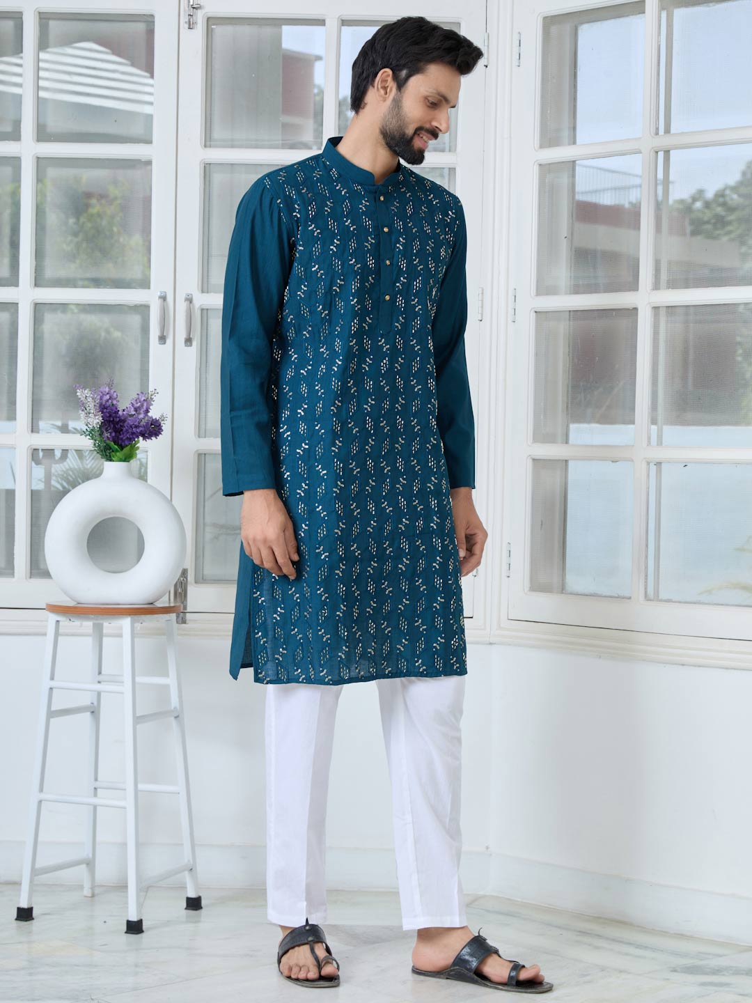 Blue Ethnic Motifs Embroidered Sequinned Mandarin Collar Straight Kurta with Pyjama with Pyjama