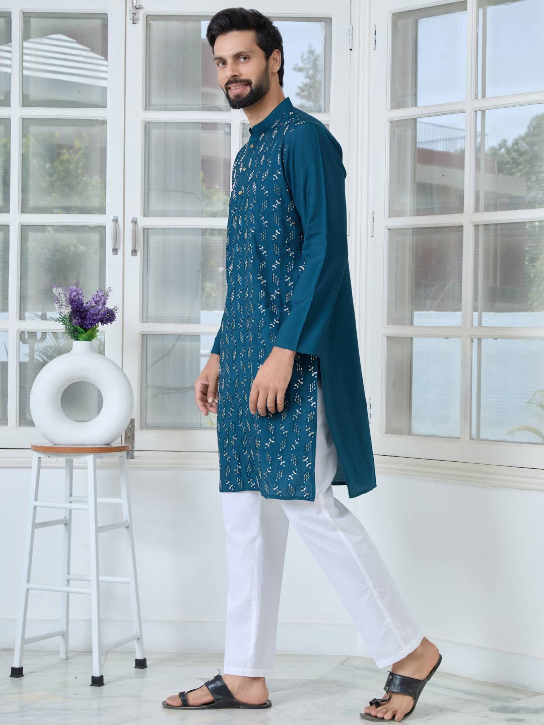 Blue Ethnic Motifs Embroidered Sequinned Mandarin Collar Straight Kurta with Pyjama with Pyjama